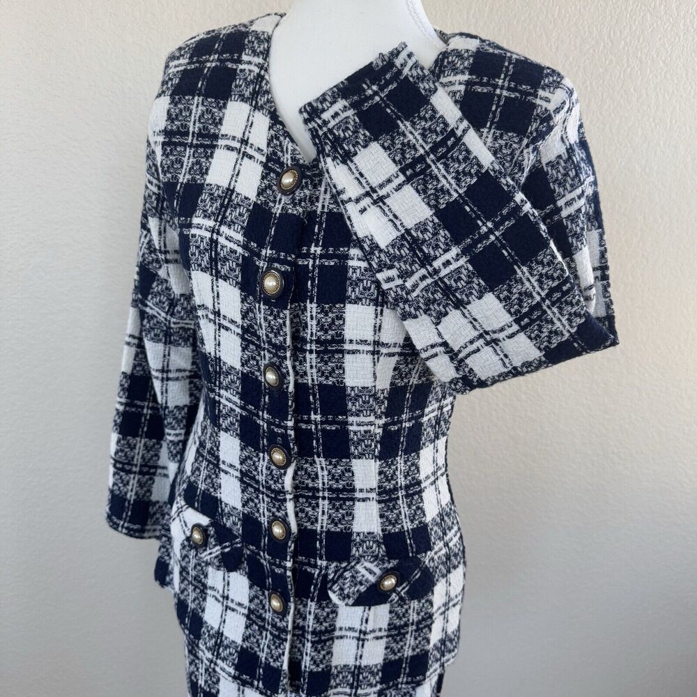 Byer Dress Jacket & Skirt Suit Set Navy Blue White Plaid Juniors Size 9 Vintage - Picture 10 of 16